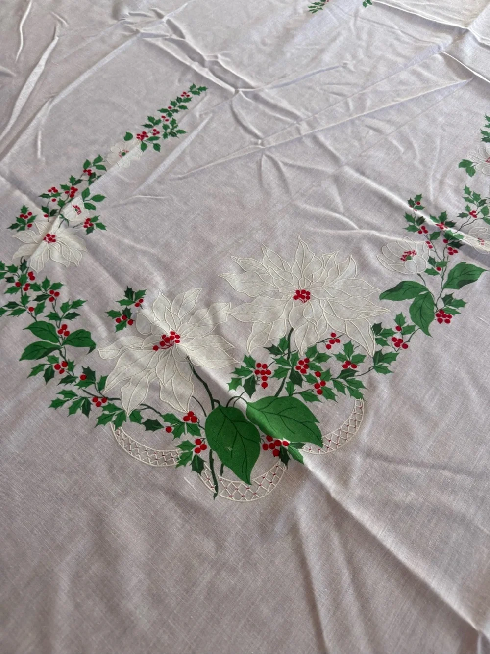 Vintage Poinsettia Holiday Tablecloth - Red, White & Green